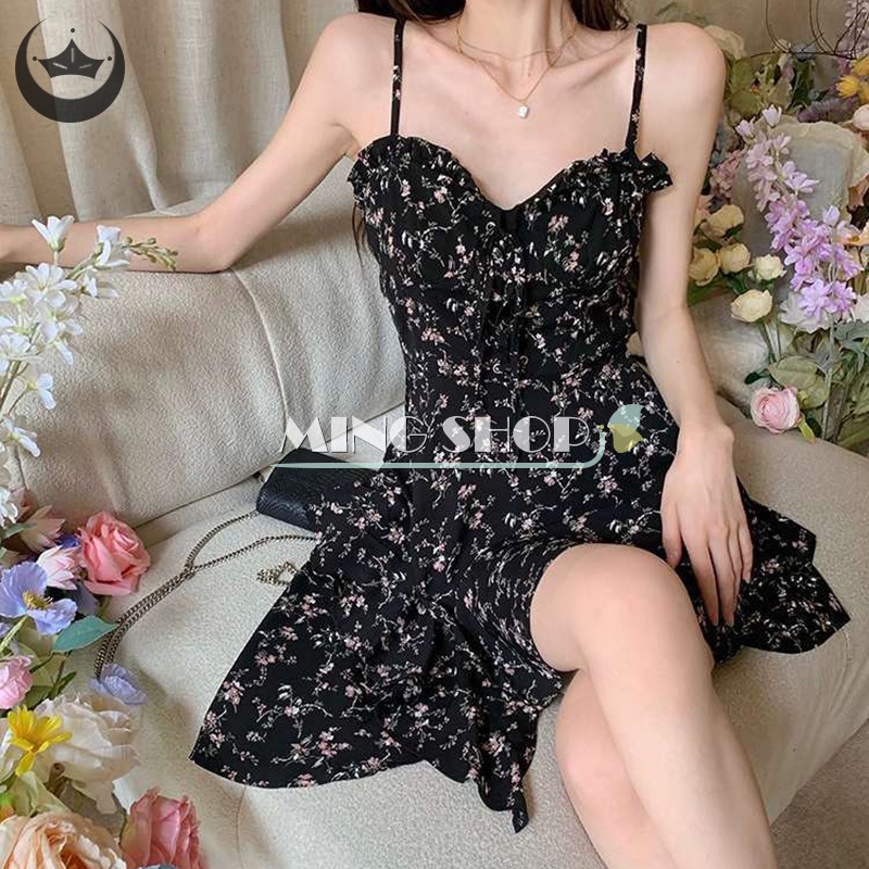 Đầm Hai Dây Y2k In Hoa Eo Cao Gợi Cảm Cho Nữ