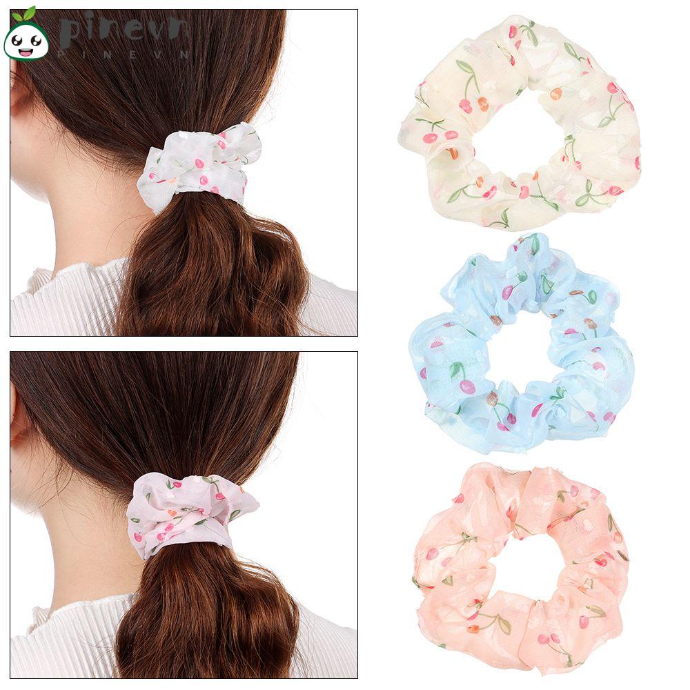 PINEVN Dây Cột Tóc Chiffon Co Giãn Tốt In Họa Tiết Hoa / Cherry Dễ Thương Thời Trang Cho Nữ