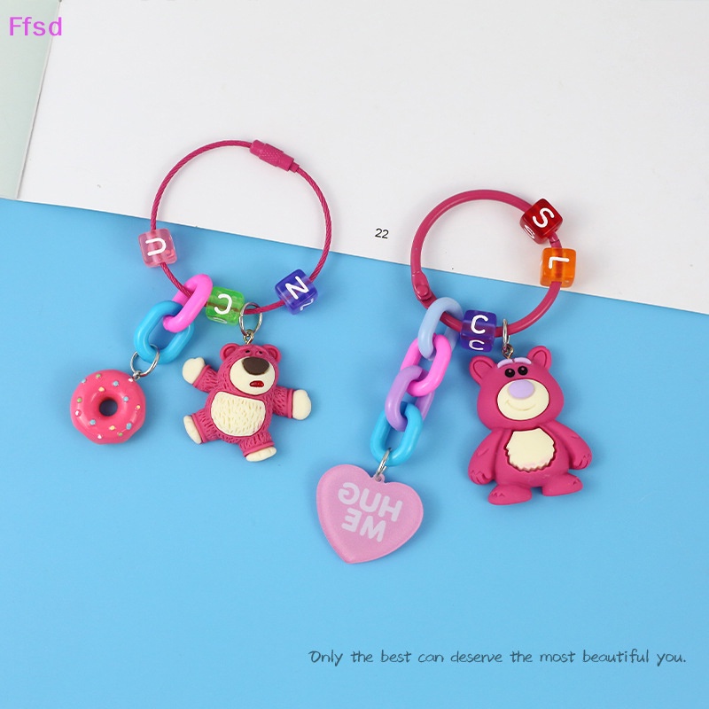 Móc Khóa Hình Bánh Donut Gấu Dâu Tây 3D Dễ Thương