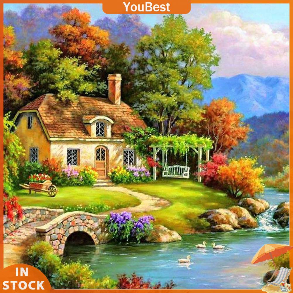 ღYBღ(In Stock） Tranh đính đá 5D DIY Full Round Drill Làng thư giãn Tranh thêu chữ thập Khảm #F