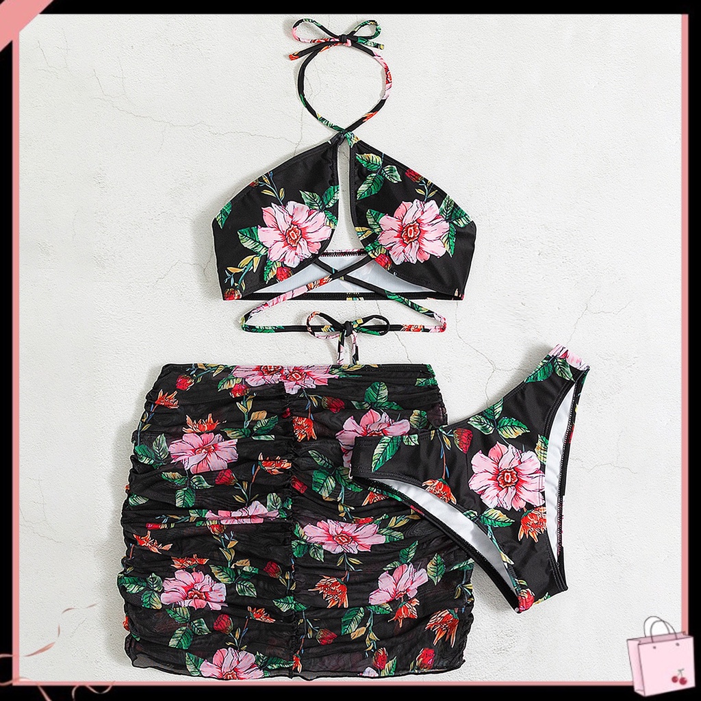 Bộ Đồ Bơi 3 Mảnh Gồm Áo Quấn Quanh Cổ + Chân Váy In Họa Tiết Hoa Phong Cách Thể Thao Thời Trang Cho Nữ