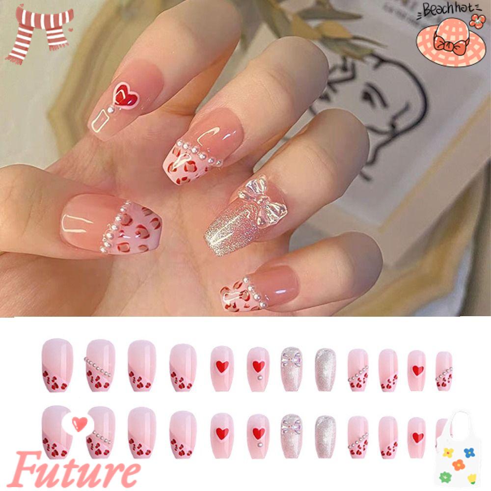 FUTURE Bộ 24 Móng Tay Giả Đính Pha Lê Hình Trái Tim Có Thể Tháo Rời