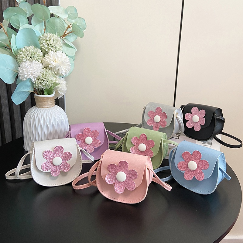 Túi Đeo Chéo Mini Màu Trơn Đính Hoa Dễ Thương Cho Bé Gái BOBORA