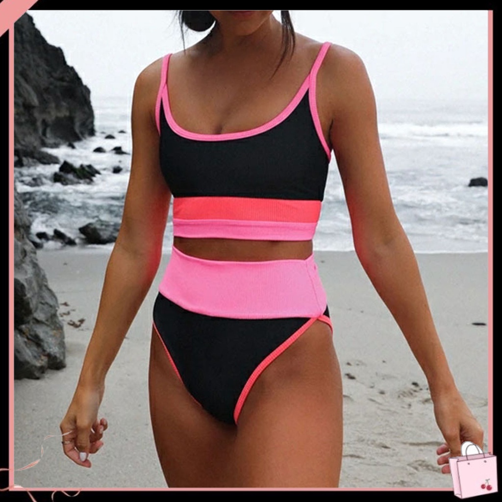 Bộ Bikini 2 Mảnh Ghép Màu Khối Lưng Cao Không Dây Cho Nữ