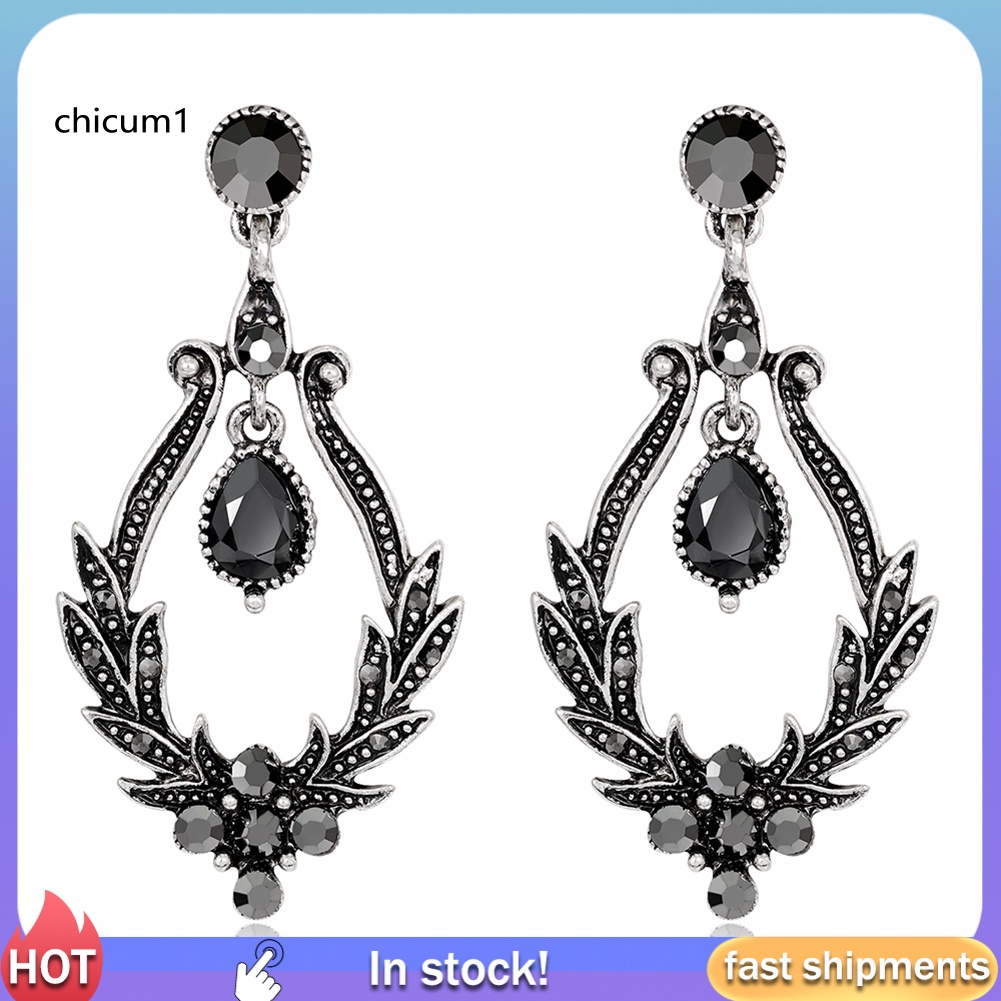 Khuyên Tai Hình Lá Đen Đính Đá Quý Nhân Tạo Phong Cách Cổ Điển Dành Cho Nữ