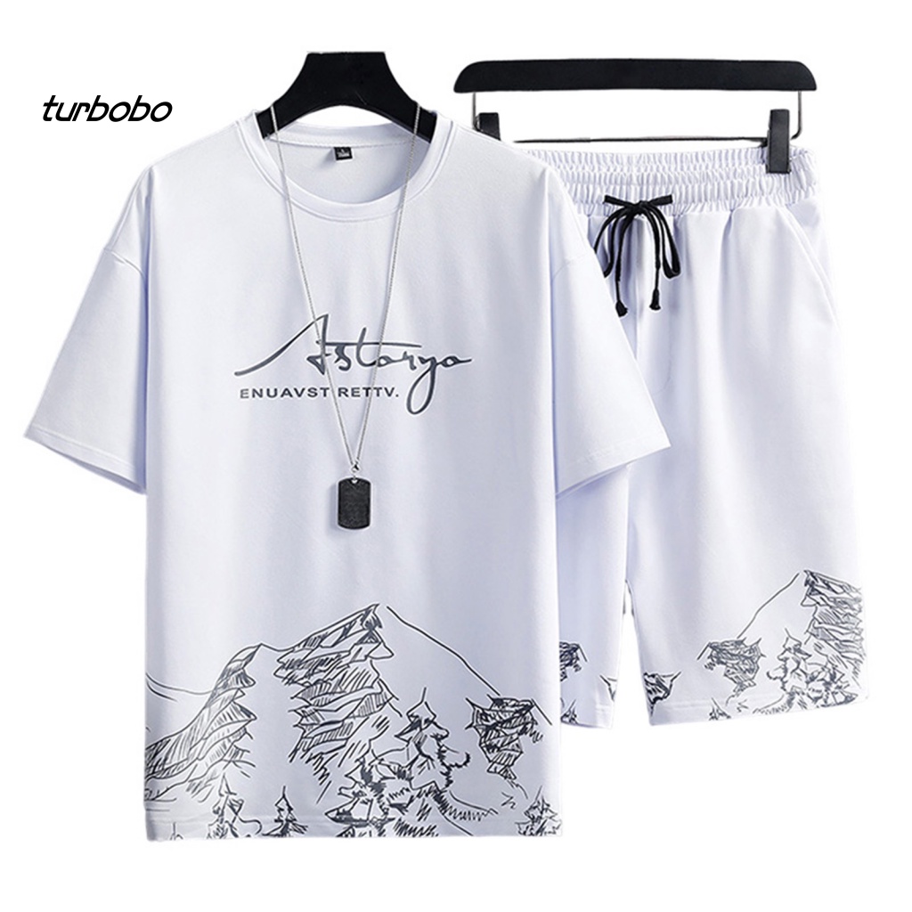 Set Đồ Thể Thao 2 Món Gồm Áo Thun Tay Ngắn Cổ Tròn + Quần Short Dây Rút Co Giãn In Họa Tiết Núi