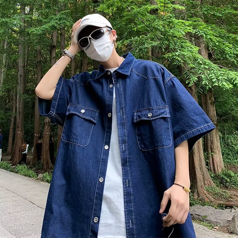 Áo Sơ Mi Denim Tay Ngắn Dáng Rộng Giả Nhiều Lớp Phong Cách Retro Nhật Bản Cho Nam Và Nữ