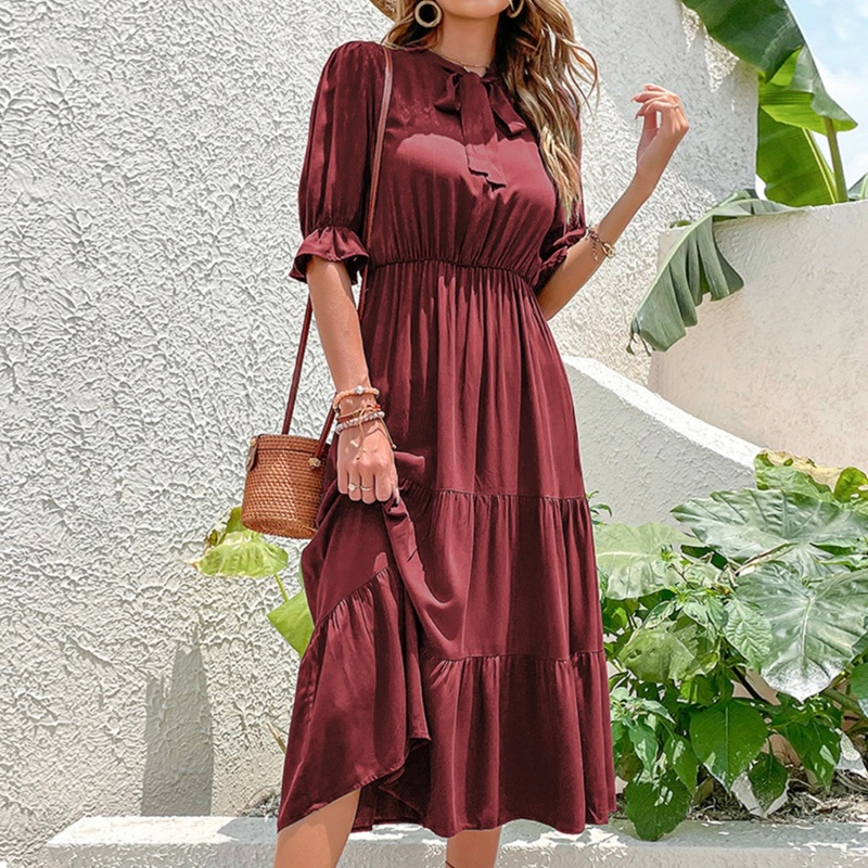 Đầm Maxi Dáng Chữ A Lưng Cao Tay Ngắn Màu Sắc Đơn Giản Thời Trang Mùa Hè Xinh Xắn Cho Nữ