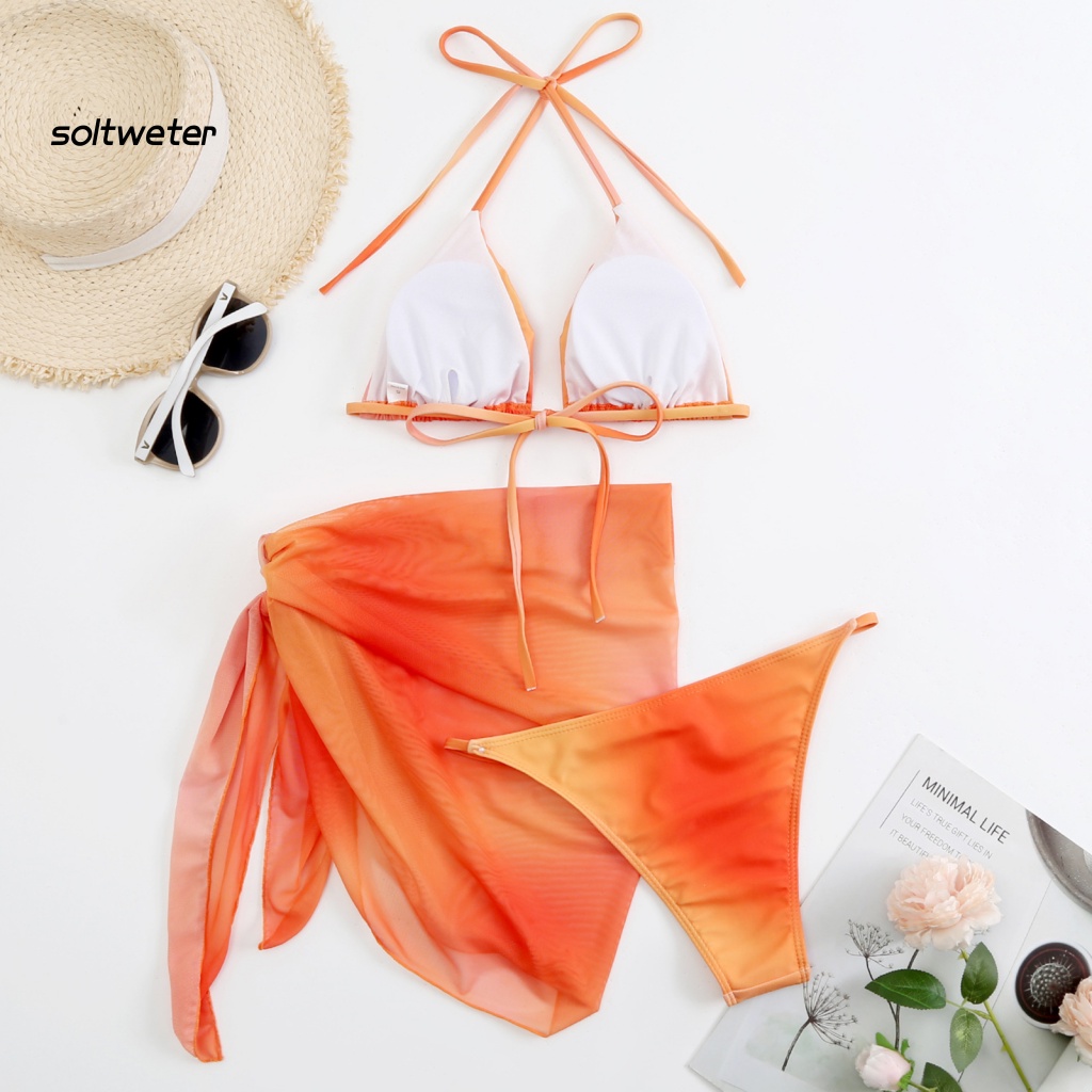 Bộ Đồ Bơi 3 Món Gồm Áo Cổ Yếm + Chân Váy Cột Dây Màu Sắc Trơn In Họa Tiết Gợn Sóng Quyến Rũ