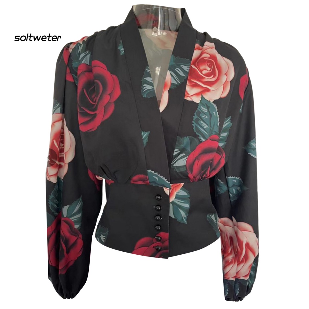 Áo Sơ Mi Croptop Tay Dài Phồng Cổ Chữ V Cài Nút In Họa Tiết Hoa Phong Cách Cổ Điển Thời Trang Cho Nữ