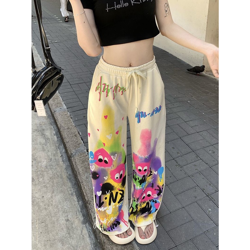 Dopamine Quần Ống Rộng Lưng Cao Dây Rút Họa Tiết Graffiti Mặc Vào Mùa Hè Cho Nữ