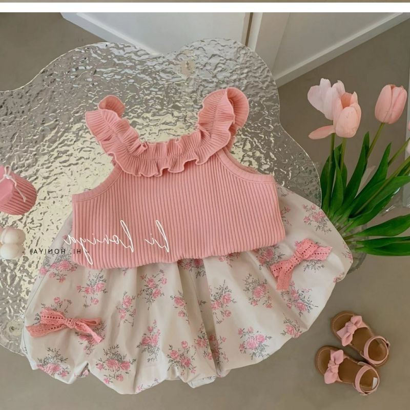 Áo Hai Dây Mùa Hè Nhỏ Màu Trơn Cổ Ren Cho Bé Gái