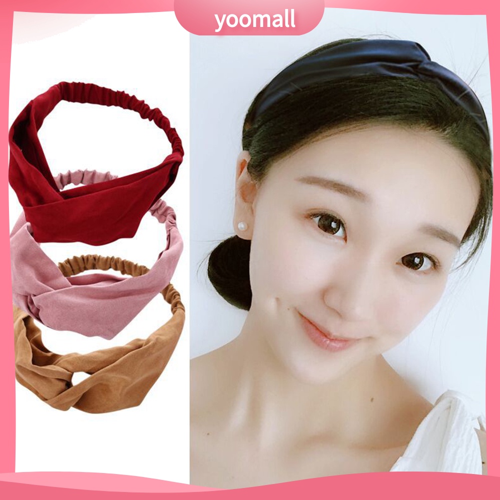 Băng Đô Thắt Nút Chéo Bằng Da Lộn Mềm Co Giãn Màu Trơn Phong Cách Vintage Dành Cho Nữ