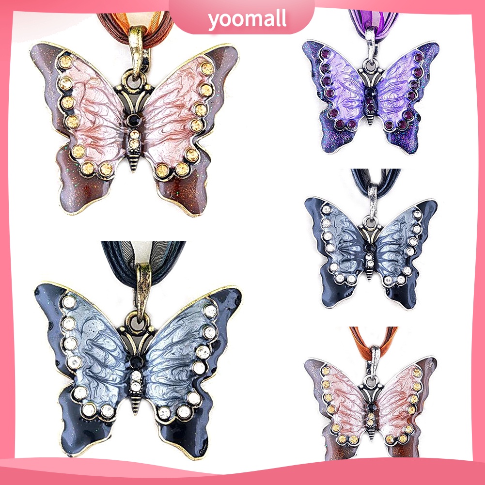 Vòng cổ Mặt Hình Bướm Tráng Men Đính Đá Phong Cách Vintage