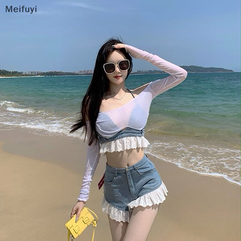 [Meifuyi] Bra+Shorts Set Women Sexy Halter Cropped Lace Backless Denim Elastic Waist Beach COD