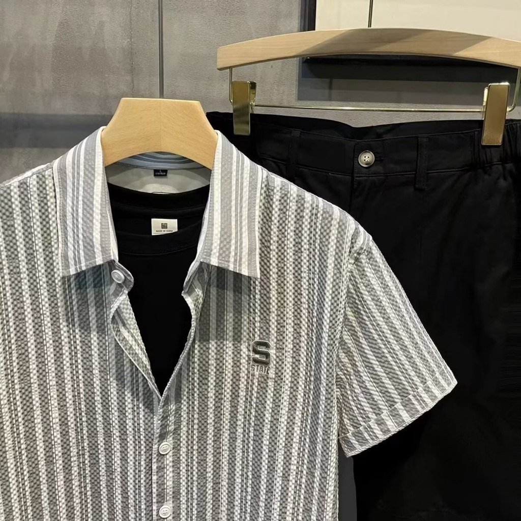 Áo Sơ Mi Tay Ngắn Phồng Họa Tiết Sọc Xanh Dương Thời Trang Mùa Hè 2023 Mới Dành Cho Bé Trai