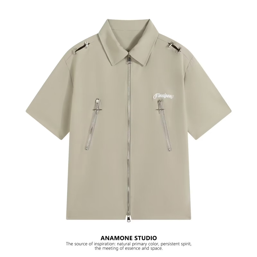 Áo Sơ Mi Tay Ngắn Dáng Rộng Có Khóa Kéo Màu Sắc Đơn Giản Thời Trang Mùa Hè Cho Nam Và Nữ