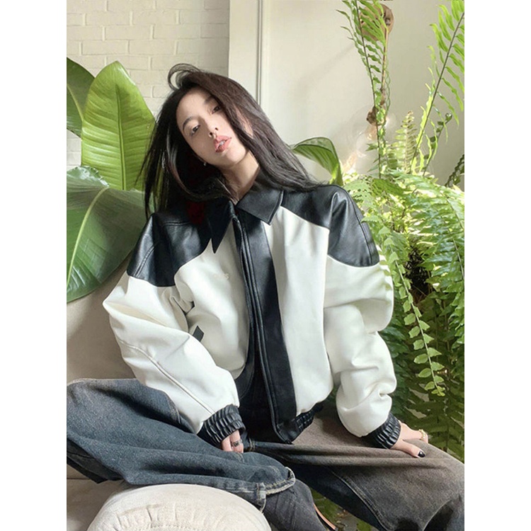 Áo Khoác Da Tay Dài Dáng Rộng Phối Màu Tương Phản Phong Cách Retro Dành Cho Nữ