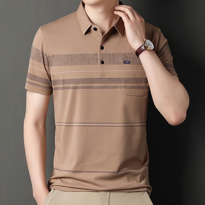 Áo Thun POLO Mỏng Tay Lửng Có Túi In Họa Tiết Sọc Ngang Thời Trang Dành Cho Nam Trung Niên