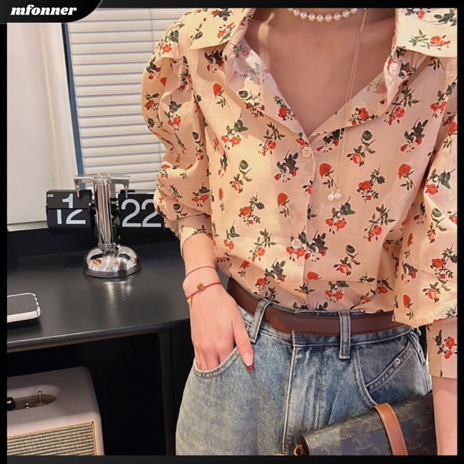 Áo Sơ Mi Tay Dài Phồng In Họa Tiết Hoa Thanh Lịch Dành Cho Nữ