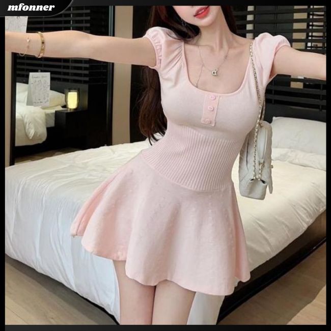 Đầm Dệt Kim Ngắn Tay Màu Sắc Ngọt Ngào Cho Nữ