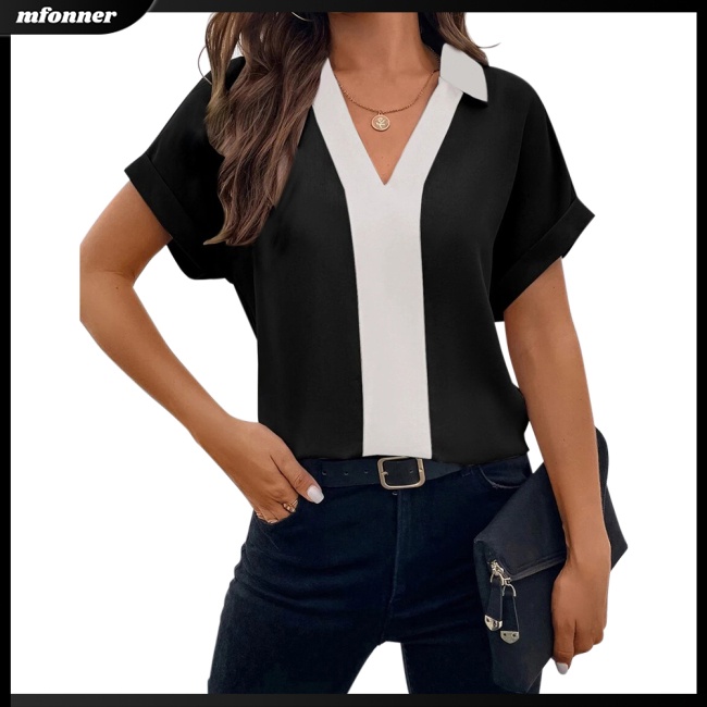 Áo Sơ Mi Tay Ngắn Cổ Chữ V Dáng Rộng Màu Tương Phản Thoáng Khí Thời Trang Cho Nữ