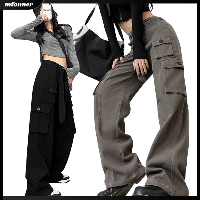 Quần Thể Thao Lưng Cao Ống Rộng Phối Túi Phong Cách Retro