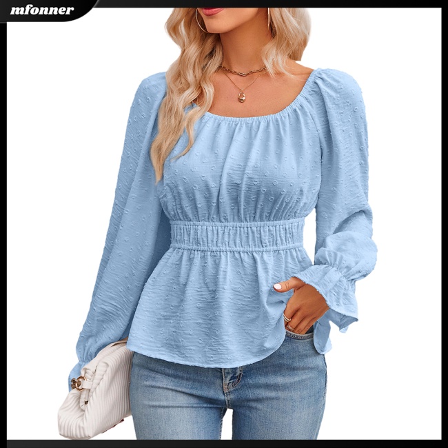 Áo Kiểu Tay Dài Cổ Tròn Phối Bèo Màu Trơn Thời Trang Thanh Lịch Cho Nữ