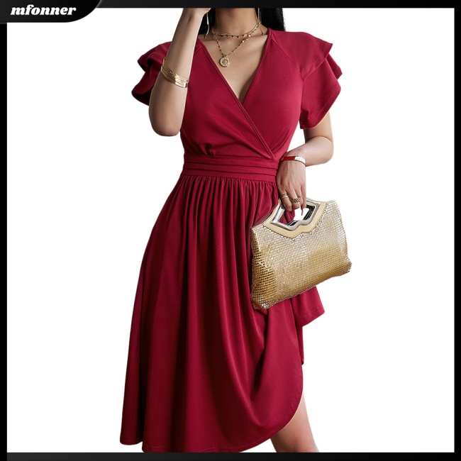 Đầm Midi Tay Ngắn Cổ Chữ V Màu Sắc Trơn Thanh Lịch Dành Cho Nữ