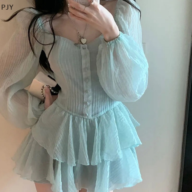 Đầm Chiffon Mini Xếp Ly Tay Phồng Ngọt Ngào Thanh Lịch Phong Cách Hàn Quốc Cho Nữ PJ