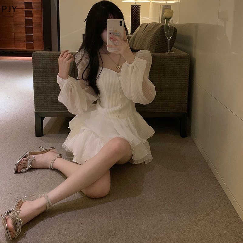 Đầm Chiffon Mini Xếp Ly Tay Phồng Ngọt Ngào Thanh Lịch Phong Cách Hàn Quốc Cho Nữ PJ