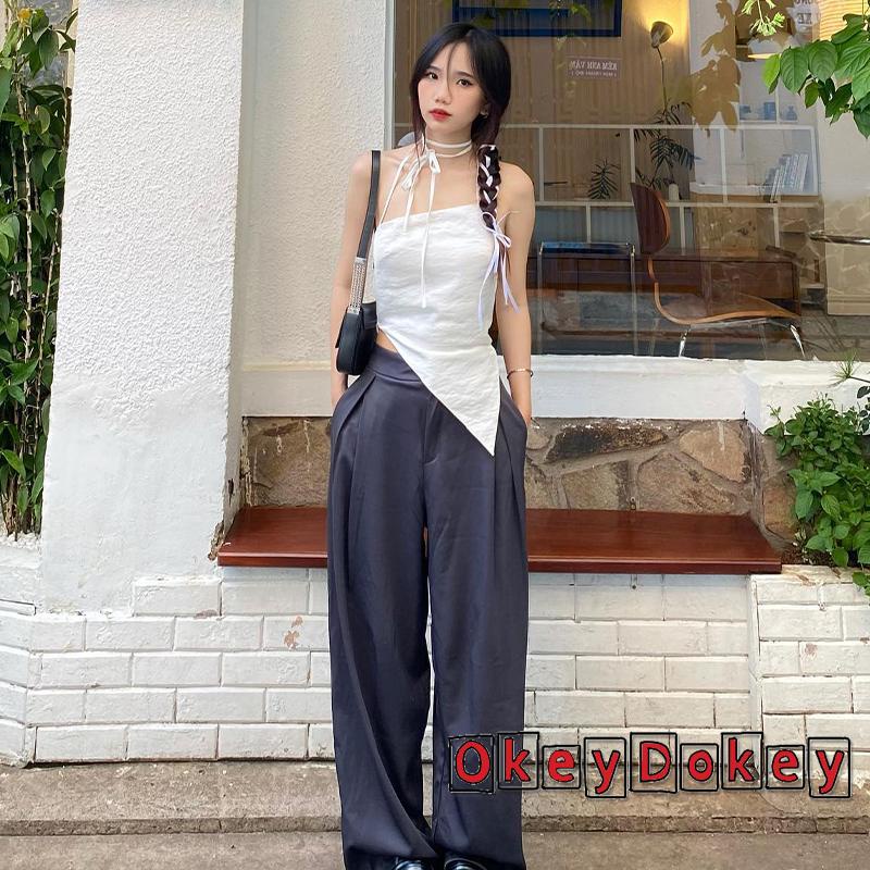 Áo Tank Top Hai Dây Màu Trơn Không Đối Xứng Cho Nữ