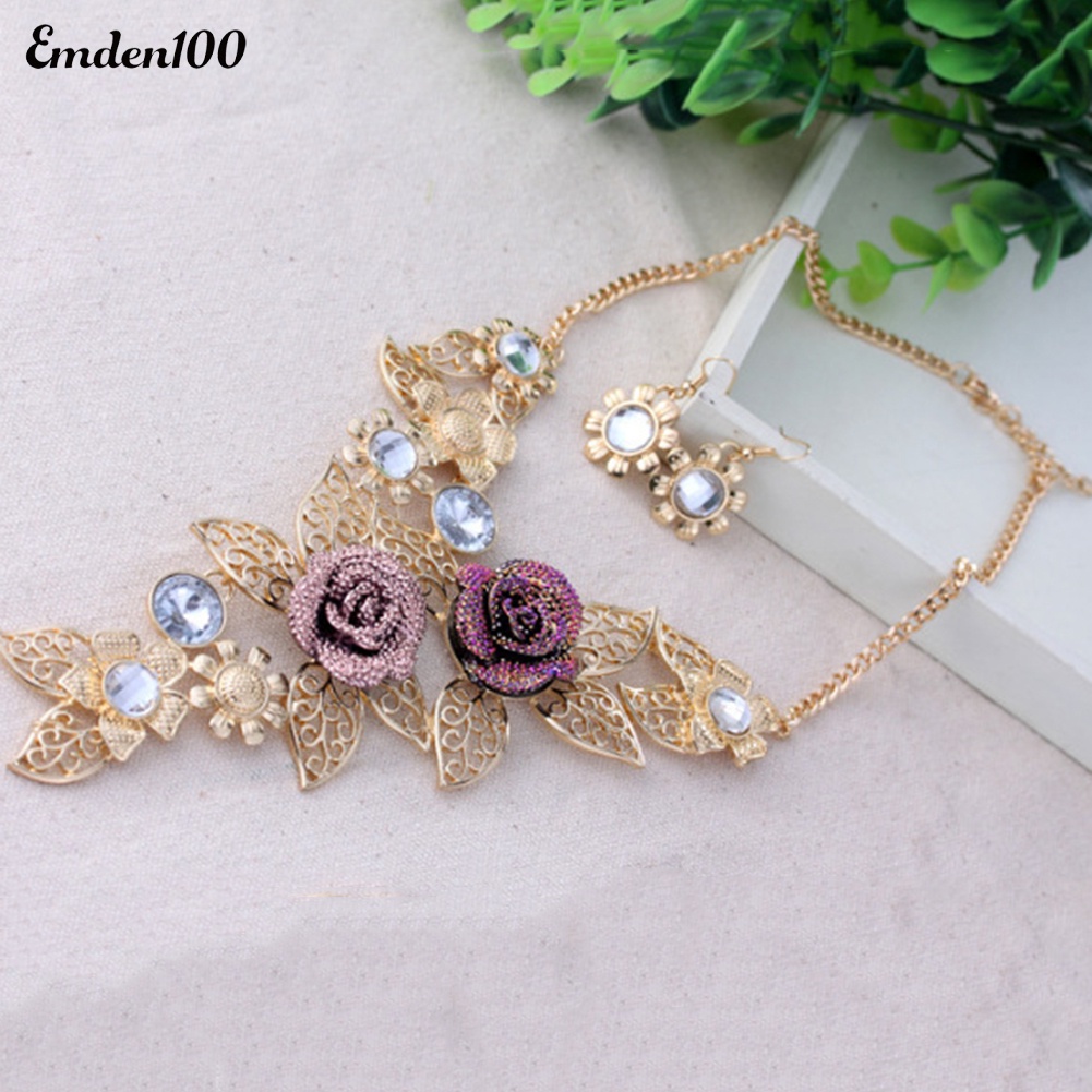 Bộ Vòng cổ + Bông Tai Đính Đá Hình Hoa Lá Duyên Dáng Cho Nữ