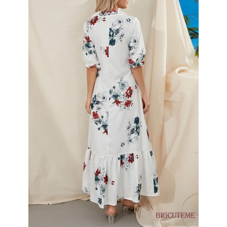 Đầm Dài Dáng Rộng Tay Ngắn Cổ Chữ V In Họa Tiết Hoa / Đồ Họa Thời Trang Mùa Hè Xinh Xắn Cho Nữ