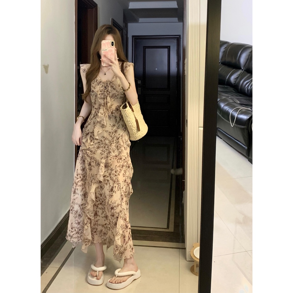 Jumpsuit Áo Sơ Mi Hoa Hai Dây Váy Dài Mỏng Ôm Eo Thời Trang Mùa Hè Hàng Mới 2023