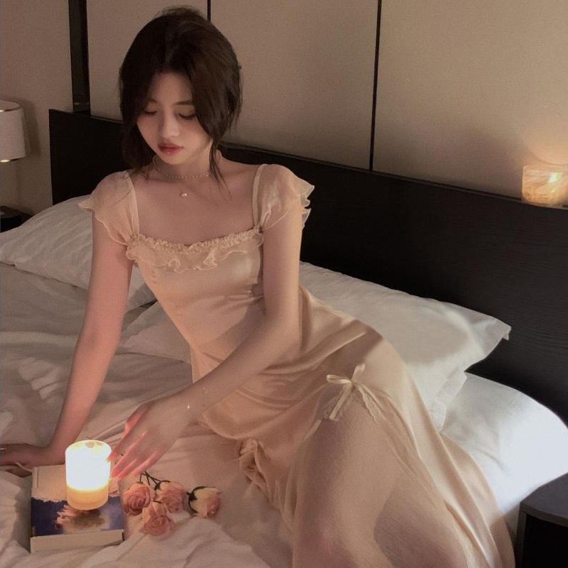 Đầm Ngủ Dáng Dài Tay Ngắn Có Đệm Ngực Phối Ren Và Nơ Phong Cách Mùa Hè Dành Cho Nữ