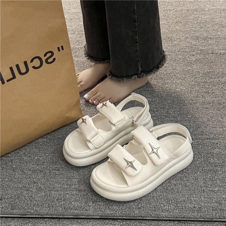 Sandal Hở Ngón Đế Cao Su PU  Quai Dán Khoá Kim Loại
