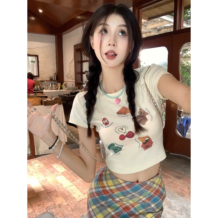 G-Fashion Áo Croptop Tay Ngắn Dáng Ôm In Họa Tiết Thời Trang Mùa Hè Quyến Rũ Cho Nữ