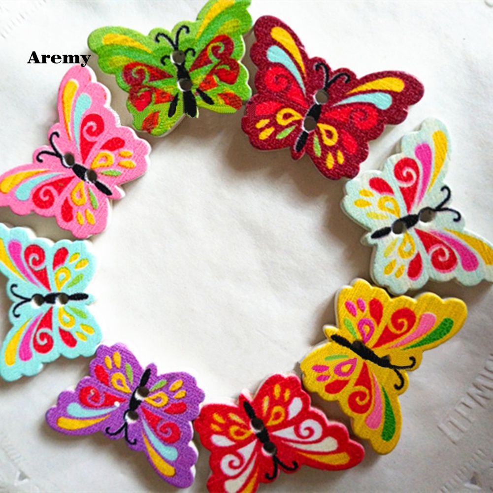 Set 50 Nút Gỗ 2 Lỗ Hình Bươm Bướm Nhiều Màu Trang Trí Quần Áo DIY