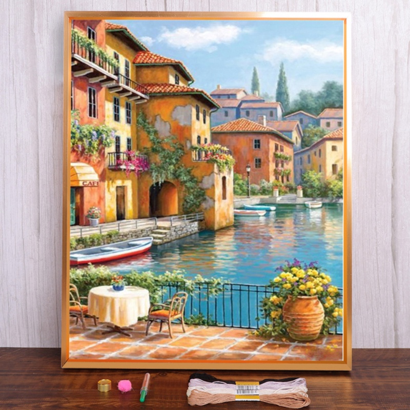 Bộ Tranh Thêu Chữ Thập Đính Đá DIY Hình Thị Trấn Biển Châu Âu