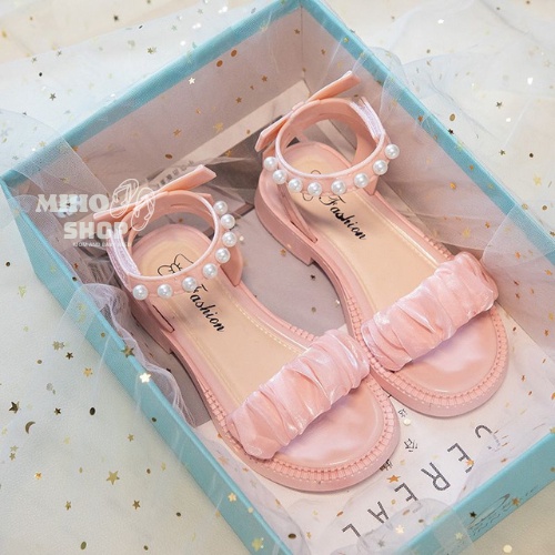Giày Sandal Quai Dán Vải Nhún Đính Hạt Siêu Đẹp Êm Chân Cho Bé