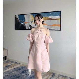 Váy dự tiệc dáng xòe chữ A tay bồng cổ yếm khoét giọt nước chất taffta hồng đen trắng, đầm tiểu thư trễ vai kỷ yếu, SEE