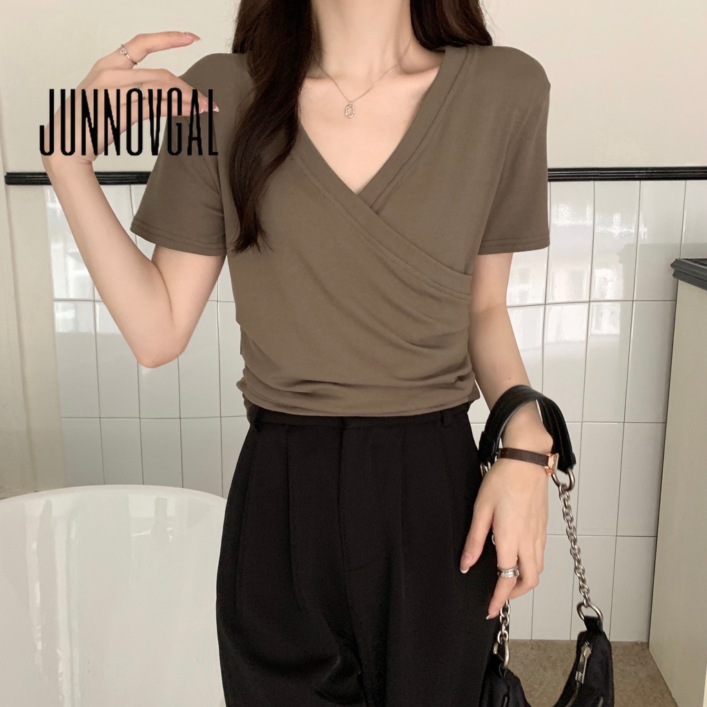 Áo thun JUNNOVGAL đắp chéo tà thời trang gợi cảm đa năng 2023 cho nữ