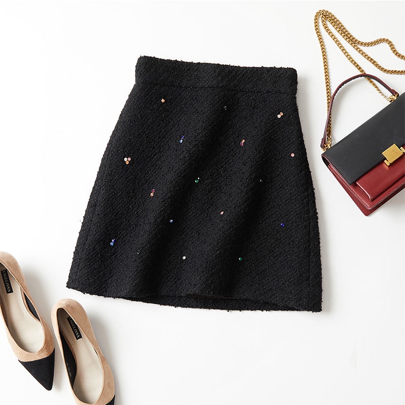 Chân Váy Len Ngắn Dáng Chữ A Lưng Cao Màu Trơn Đính Đá Thời Trang Mới Cho Nữ