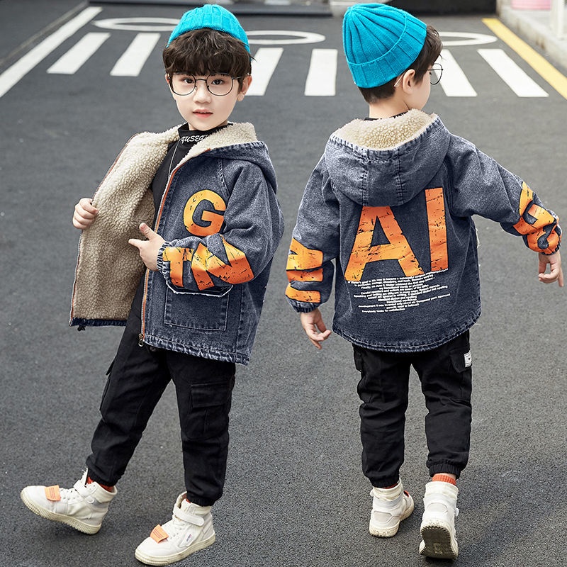 Áo Khoác denim Lót Nhung Lông Cừu Dày Dặn Thời Trang Mùa Đông Cho Bé Trai