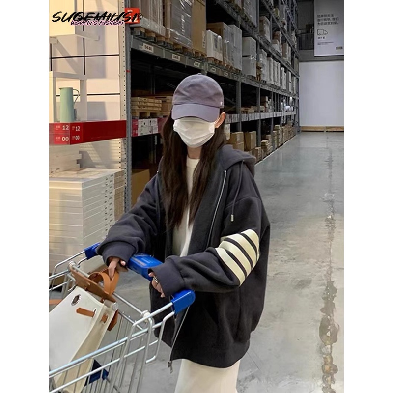 Sugemiusi Áo Khoác Cardigan Mỏng Có Mũ Trùm Đầu Kẻ Sọc Đôi Dài Tay Mùa Thu Hàn Quốc Cho Nữ