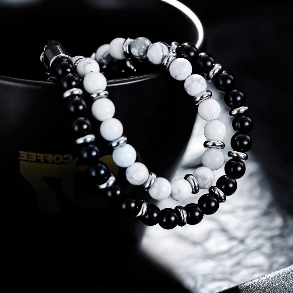 Vòng tay nam nữ chuỗi hạt đá bản đồ 6mm PER Merin Accessories lắc tay nam hạt ngọc màu đen trắng - Vòng Tay Per