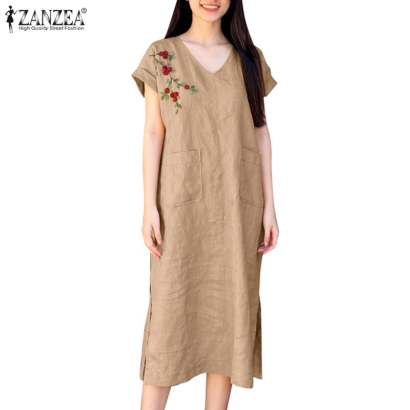 Đầm ZANZEA cotton linen cổ chữ V ngắn tay phối túi thêu họa tiết phong cách Hàn Quốc thời trang dành cho nữ