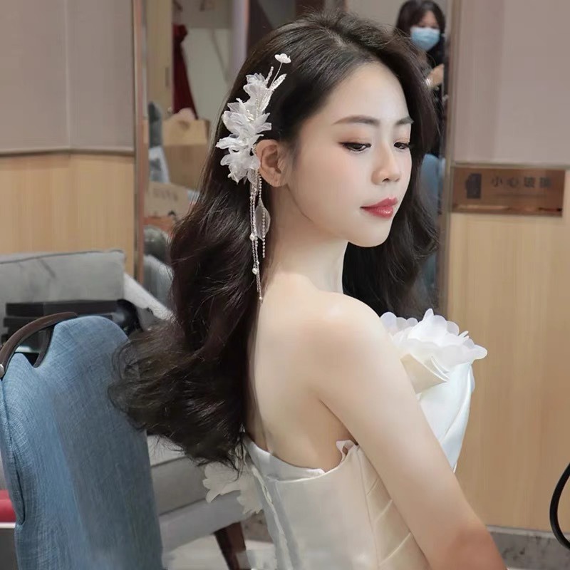 Trâm Cài Tóc Vải Tuyn Trắng Đính Hoa Tua Rua Lãng Mạn Cho Cô Dâu