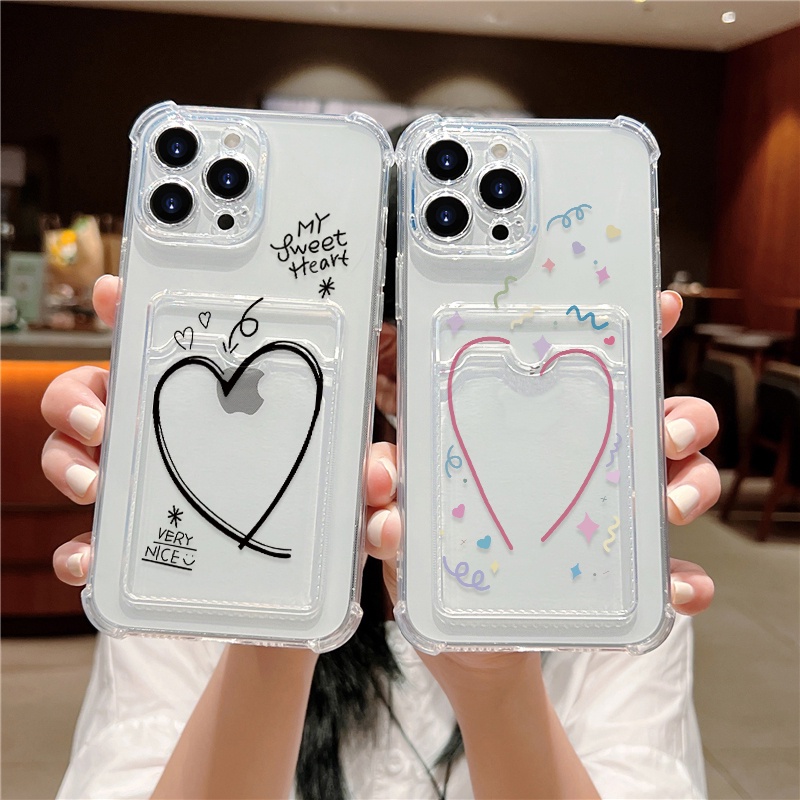 Love heart card holder vỏ điện thoại cho iphone 11 12 13 14 pro max x xs xr xs max 7 8 plus se 2020 2022 vỏ silicon tpu trong suốt vỏ điện thoại mềm bumper wallt shell
